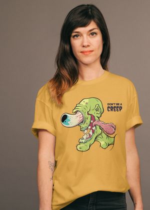 A model wearing the Don't Be a Creep design