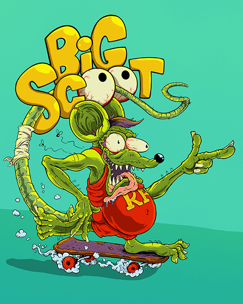 Ed Roth's Rat Fink character riding a skate board with the text Big Scoot above it