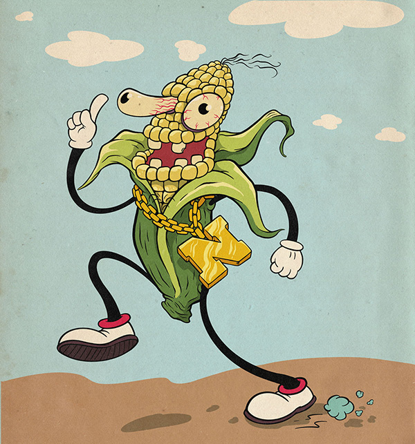 A cheary anthropomorhic ear of corn drawn in a rubberband style