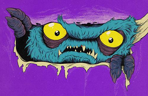 A blue monster tearing out of the wall