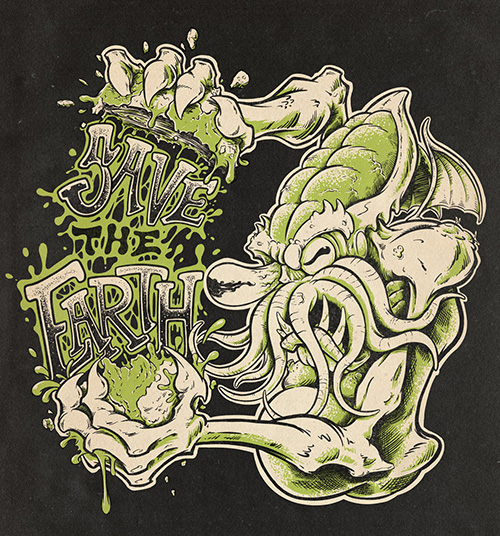 Cthulhu tearing the Earth in half with the words Save the Earth spelled out in the rubble