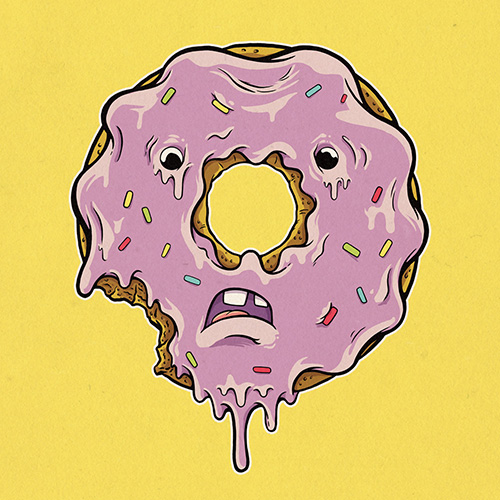 A worried looking donut with a bite taken out of it