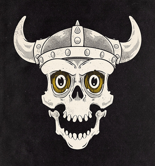 A happy skull wearing a horned helmet