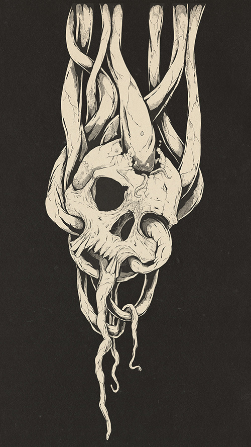 A skull hanging from tentacles or vines