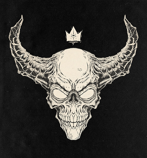 A horned skull with a crown above it