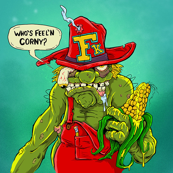 A parody of a well know midwest mascot holding a buttered ear of corn