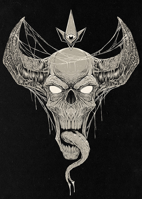 A horned demon head with a long wet tongue
