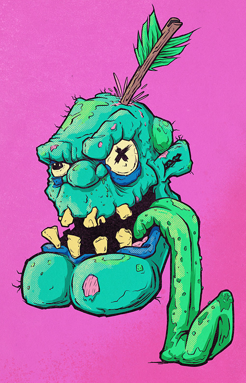A disembodied head with a huge slimey tongue and an arrow sticking out the top of it's head