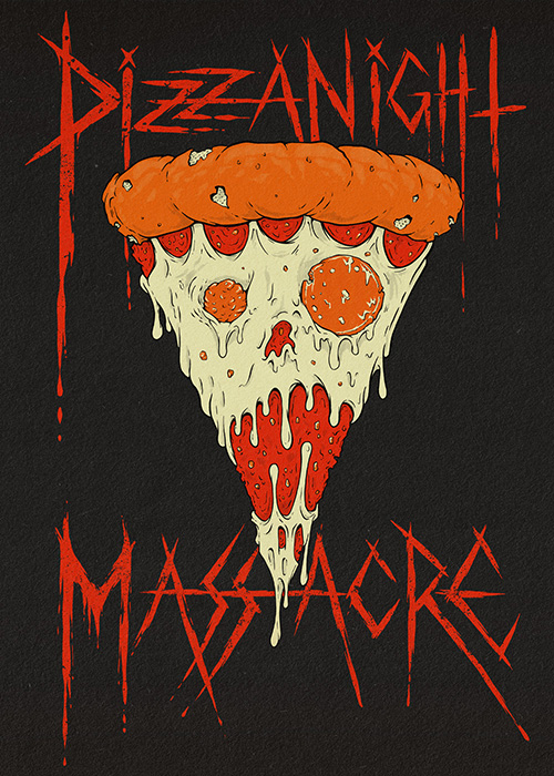 An anthropomorhic pizza slice with the text Pizza Night Massace around it