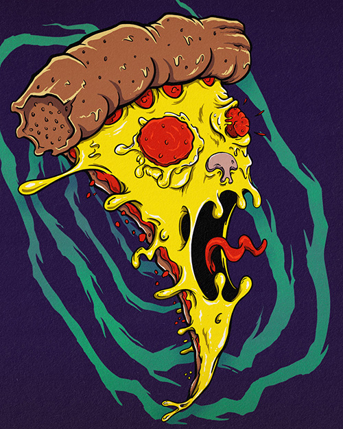 An anthropomorhic slice of pizza screaming into the void