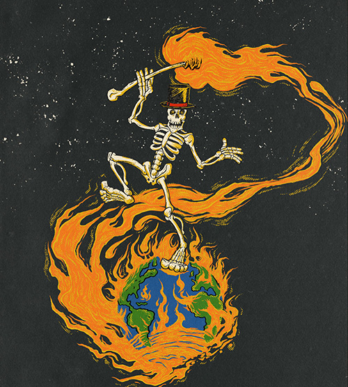 A skeleton in a top hat dancing on the planet Earth after setting it on fire