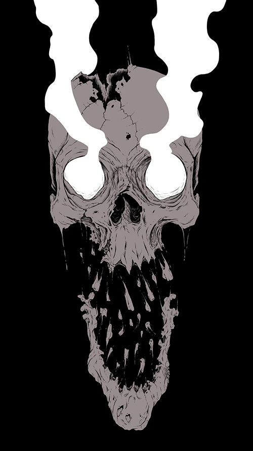 A skull with broken teeth and smoke coming from it's eyes