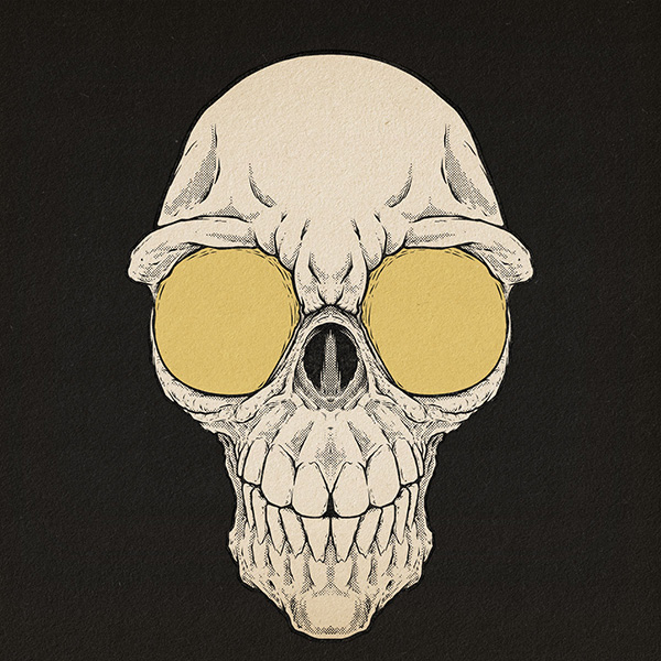 A skull with very big yellow eyes