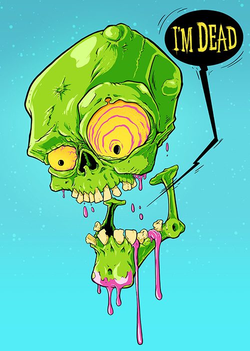 A green skull with a word bubble that reads I'm Dead
