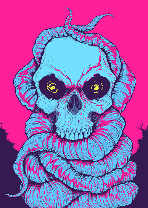A skull sitting atop a pile of tentacles