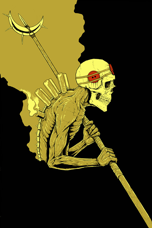 A skull headed figure holding a staff with alchemical vials affixed to it's back