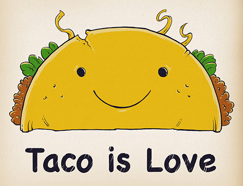 A smiling taco with the text Taco is Love under it