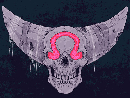 A horned skull with eyes set in the shape of the Omega sign