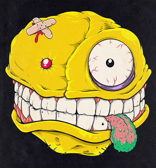 A manic smiley face with it's tongue sticking out